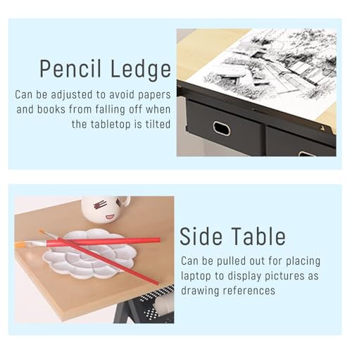 (en:Wooden Drawing Desk with Stool Art Craft Table, Adjustable Height(26.8"-35.8"), 80° Tiltable, Drafting Workstation for Artwork, Graphic Design, Writing (MDF))