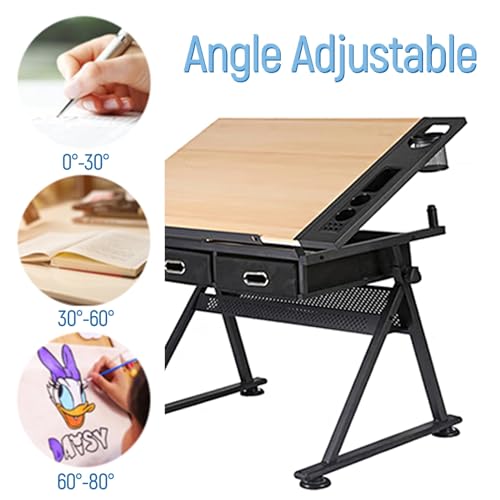 (en:Wooden Drawing Desk with Stool Art Craft Table, Adjustable Height(26.8"-35.8"), 80° Tiltable, Drafting Workstation for Artwork, Graphic Design, Writing (MDF))