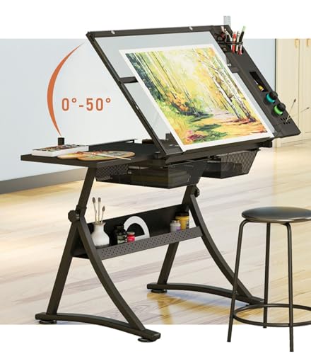 (en:Glass Drafting Work Station with Stool, Art Craft Table, Adjustable Height(29.1""-36.6"") & 0°-80° Tiltable Tabletop, Drawing Desk for Studio Home Office School)