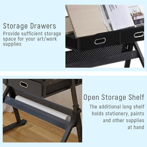(en:Wooden Drawing Desk with Stool Art Craft Table, Adjustable Height(26.8"-35.8"), 80° Tiltable, Drafting Workstation for Artwork, Graphic Design, Writing (MDF))