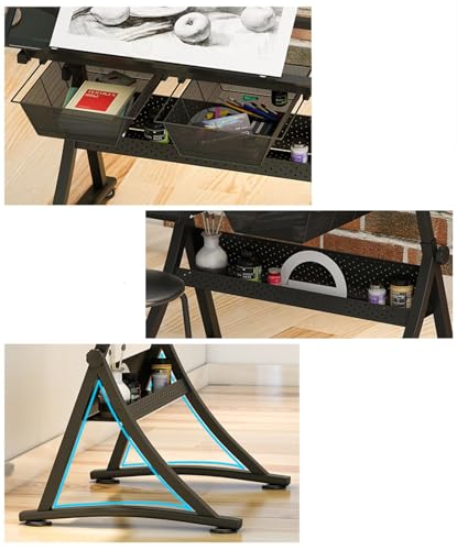 (en:Glass Drafting Work Station with Stool, Art Craft Table, Adjustable Height(29.1""-36.6"") & 0°-80° Tiltable Tabletop, Drawing Desk for Studio Home Office School)
