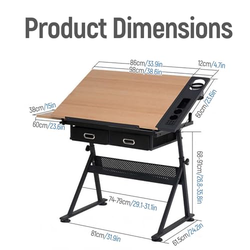(en:Wooden Drawing Desk with Stool Art Craft Table, Adjustable Height(26.8"-35.8"), 80° Tiltable, Drafting Workstation for Artwork, Graphic Design, Writing (MDF))