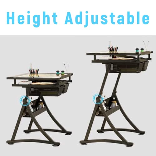 (en:Glass Drafting Work Station with Stool, Art Craft Table, Adjustable Height(29.1""-36.6"") & 0°-80° Tiltable Tabletop, Drawing Desk for Studio Home Office School)