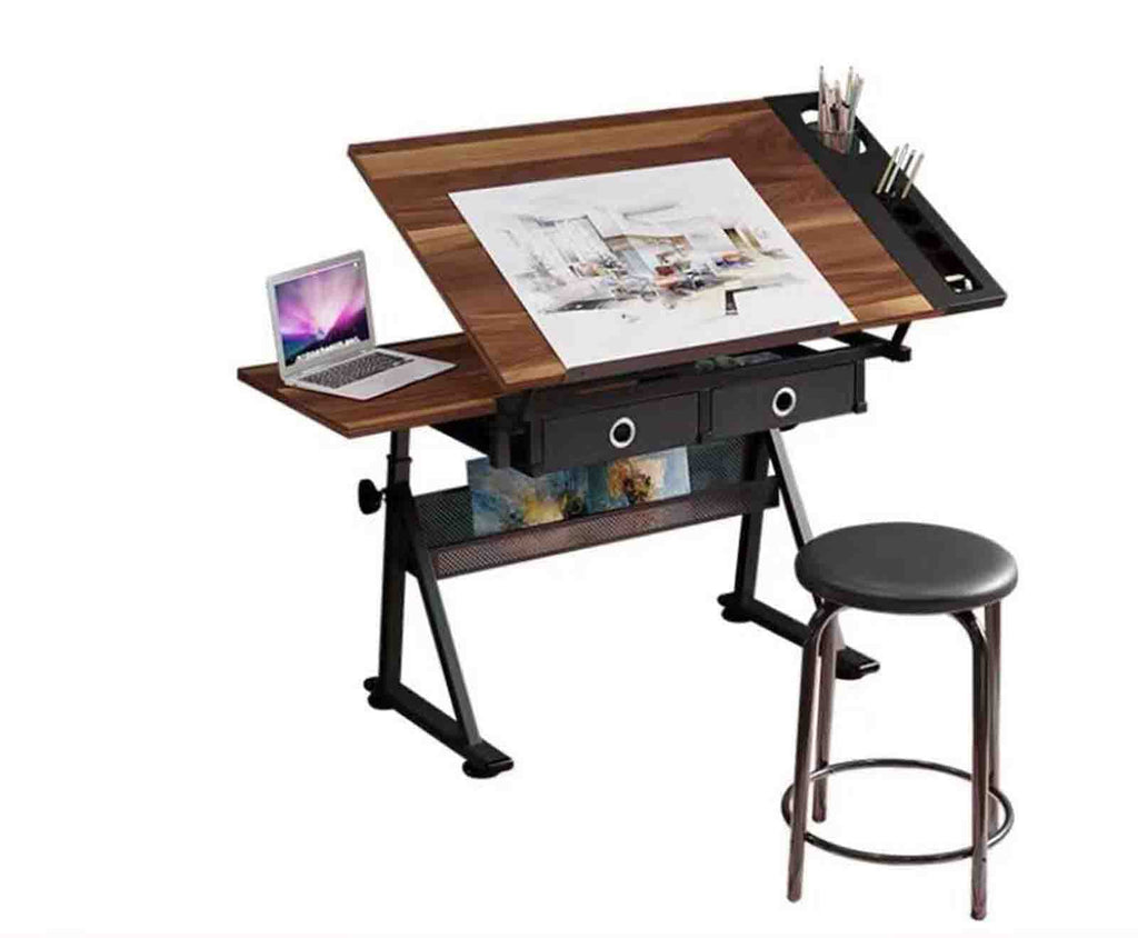 0-80° Adjustable Drawing Desk Art Desk Multifunctional Art Craft Station Study Desk with 2 Drawers/Stool for Artist Painter Office