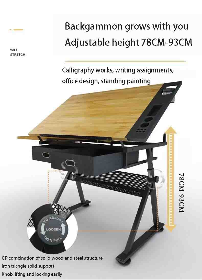 0-80° Adjustable Drawing Desk Art Desk Multifunctional Art Craft Station Study Desk with 2 Drawers/Stool for Artist Painter Office