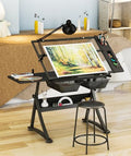(en:Glass Drafting Work Station with Stool, Art Craft Table, Adjustable Height(29.1""-36.6"") & 0°-80° Tiltable Tabletop, Drawing Desk for Studio Home Office School)
