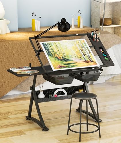 (en:Glass Drafting Work Station with Stool, Art Craft Table, Adjustable Height(29.1""-36.6"") & 0°-80° Tiltable Tabletop, Drawing Desk for Studio Home Office School)