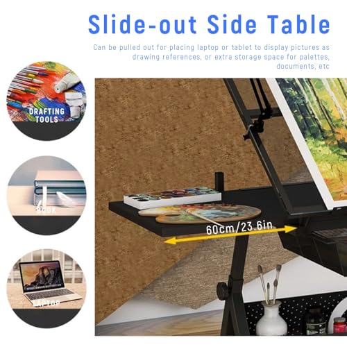 (en:Glass Drafting Work Station with Stool, Art Craft Table, Adjustable Height(29.1""-36.6"") & 0°-80° Tiltable Tabletop, Drawing Desk for Studio Home Office School)