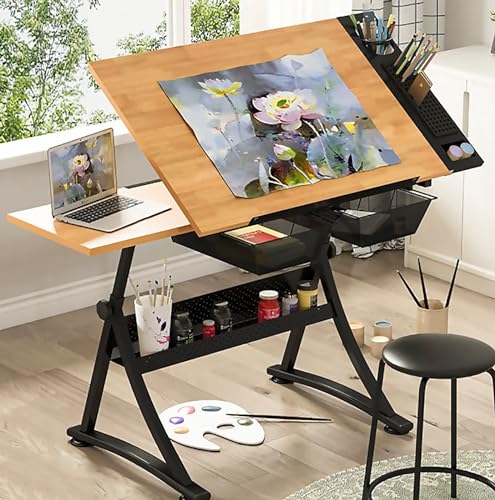 (en:Wooden Drawing Desk with Stool Art Craft Table, Adjustable Height(26.8"-35.8"), 80° Tiltable, Drafting Workstation for Artwork, Graphic Design, Writing (MDF))