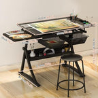 (en:Glass Drafting Work Station with Stool, Art Craft Table, Adjustable Height(29.1""-36.6"") & 0°-80° Tiltable Tabletop, Drawing Desk for Studio Home Office School)