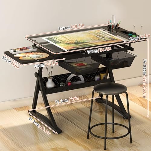 (en:Glass Drafting Work Station with Stool, Art Craft Table, Adjustable Height(29.1""-36.6"") & 0°-80° Tiltable Tabletop, Drawing Desk for Studio Home Office School)