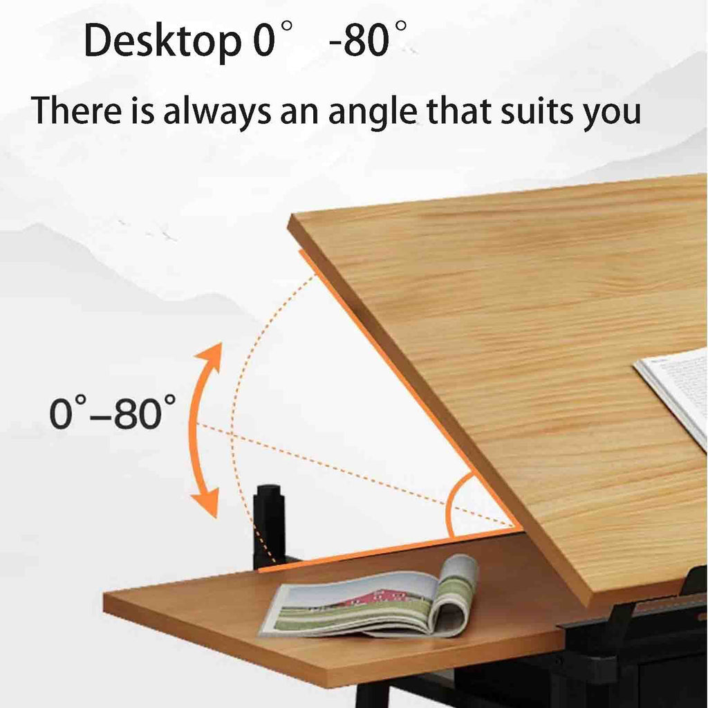0-80° Adjustable Drawing Desk Art Desk Multifunctional Art Craft Station Study Desk with 2 Drawers/Stool for Artist Painter Office