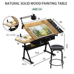 0-80° Adjustable Drawing Desk Art Desk Multifunctional Art Craft Station Study Desk with 2 Drawers/Stool for Artist Painter Office