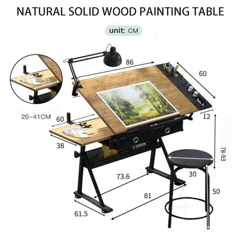 0-80° Adjustable Drawing Desk Art Desk Multifunctional Art Craft Station Study Desk with 2 Drawers/Stool for Artist Painter Office