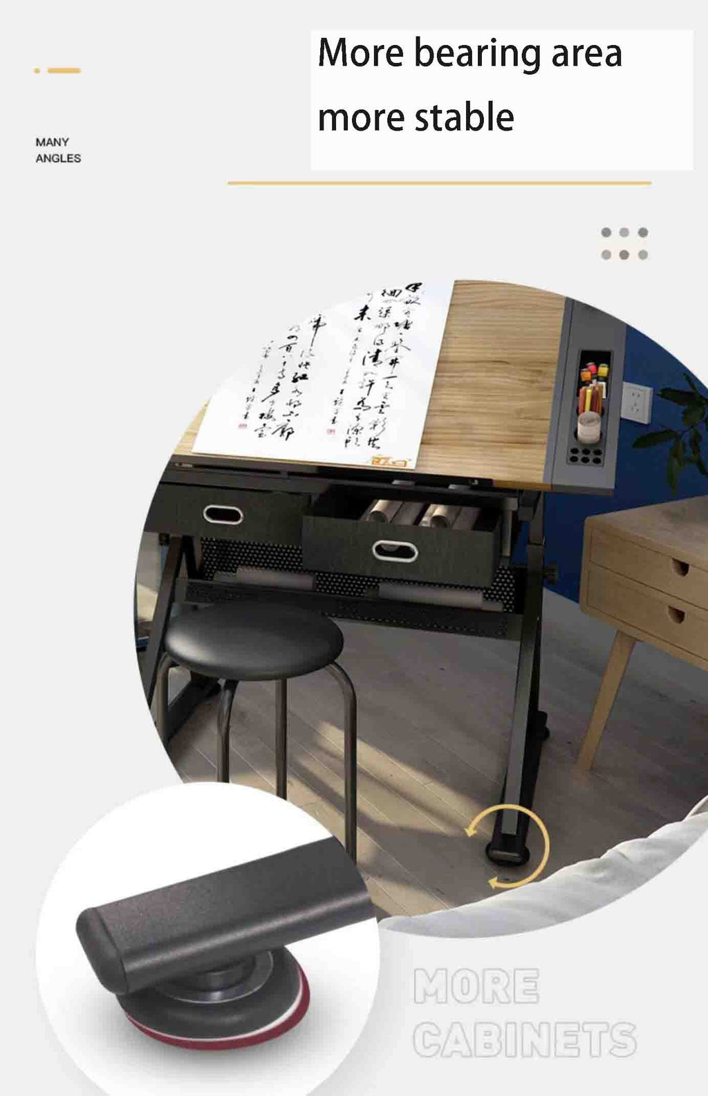 0-80° Adjustable Drawing Desk Art Desk Multifunctional Art Craft Station Study Desk with 2 Drawers/Stool for Artist Painter Office