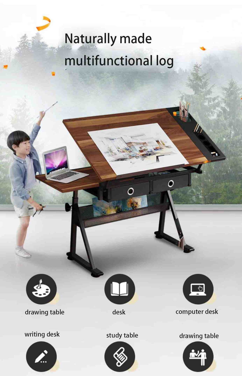 0-80° Adjustable Drawing Desk Art Desk Multifunctional Art Craft Station Study Desk with 2 Drawers/Stool for Artist Painter Office