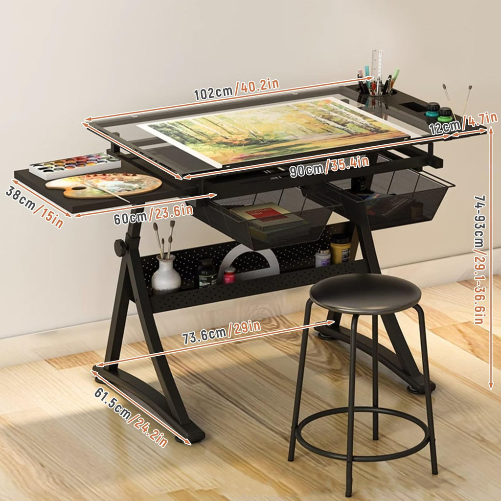 (en:Glass Drafting Work Station with Stool, Art Craft Table, Adjustable Height(29.1""-36.6"") & 0°-80° Tiltable Tabletop, Drawing Desk for Studio Home Office School)