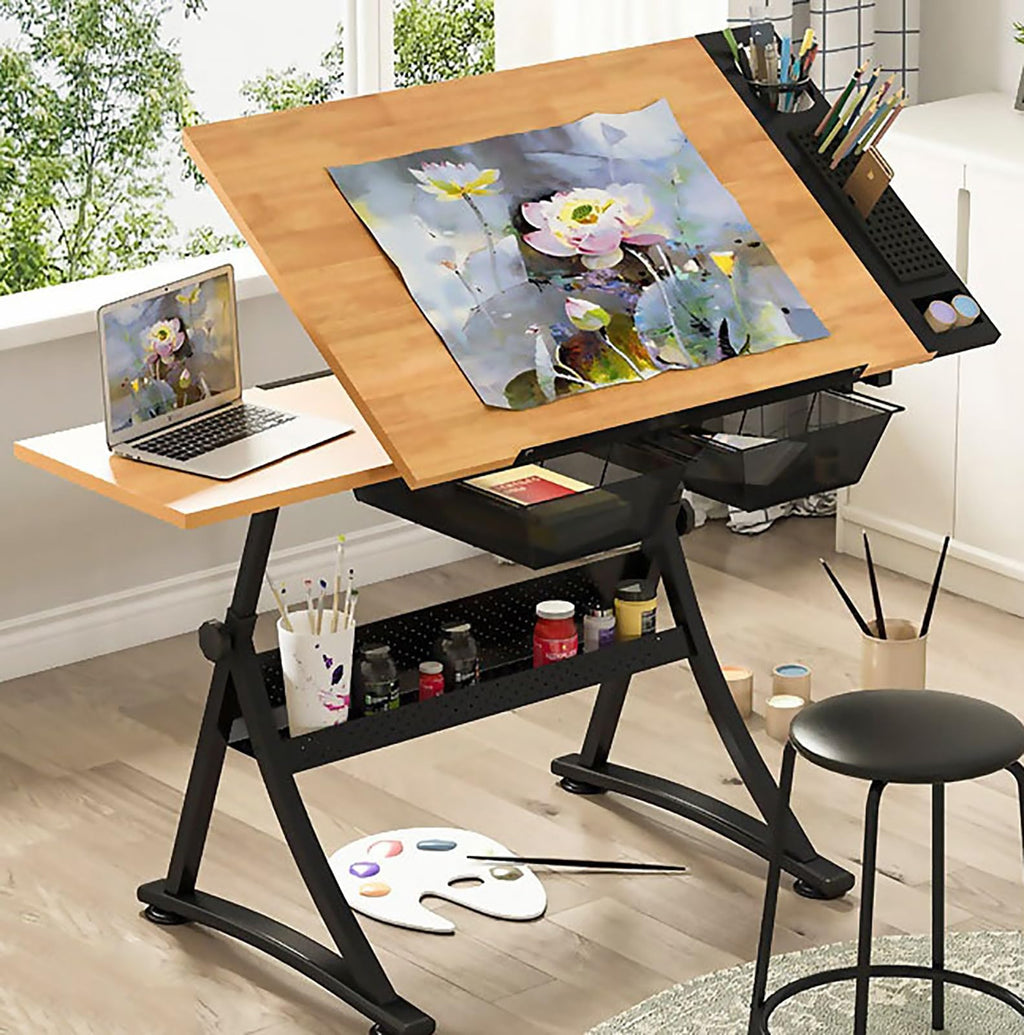 (en:Wooden Drawing Desk with Stool Art Craft Table, Adjustable Height(26.8"-35.8"), 80° Tiltable, Drafting Workstation for Artwork, Graphic Design, Writing (MDF))
